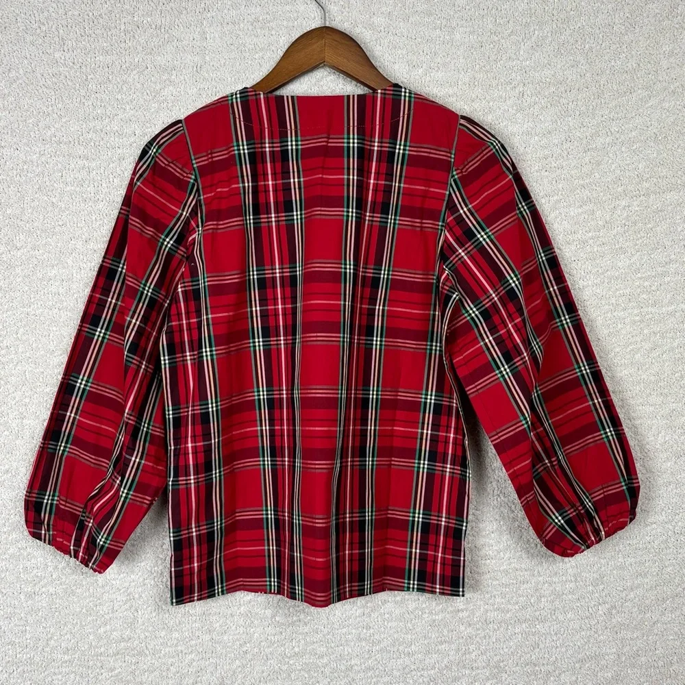 J. Crew Top Womens XXS Red Puff Sleeve Poplin Blouse Good Tidings Plaid‎ Cotton